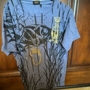Christian Audigier Blue Tee with Gold Accents